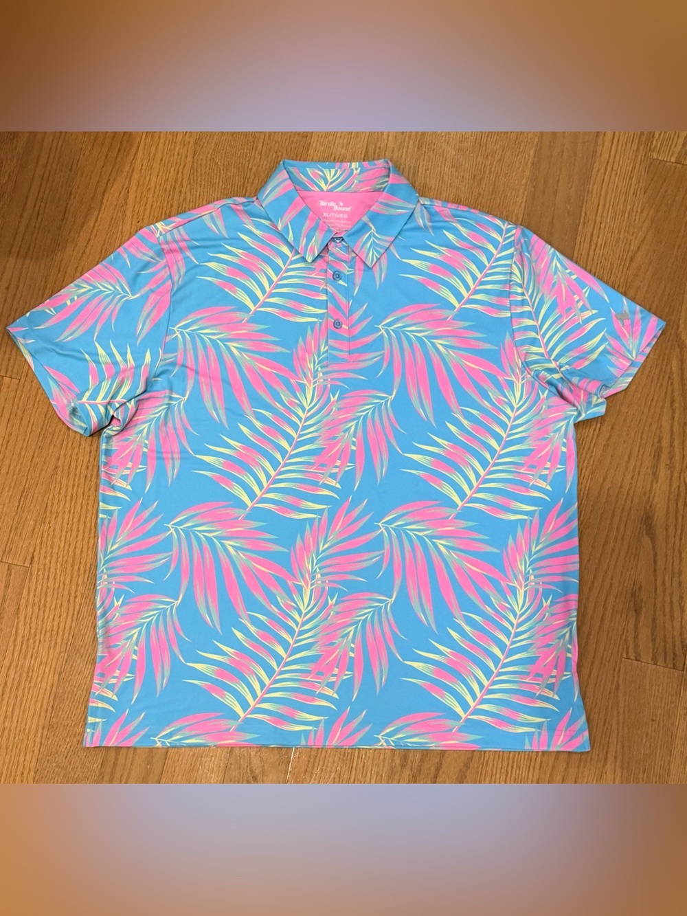Men's Short-Sleeve Tropical Leaf Golf Polo - Blue/Pink XL Resortwear Fun